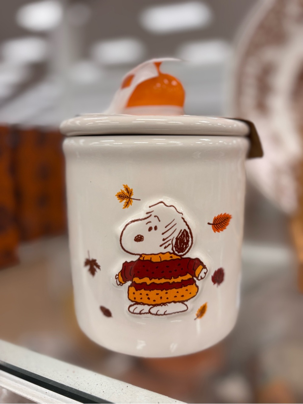 Rae Dunn Snoopy Ceramic Cookie Jar in Cream and Orange